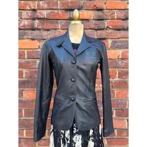 Black Button Up Leather Blazer Jacket Size M